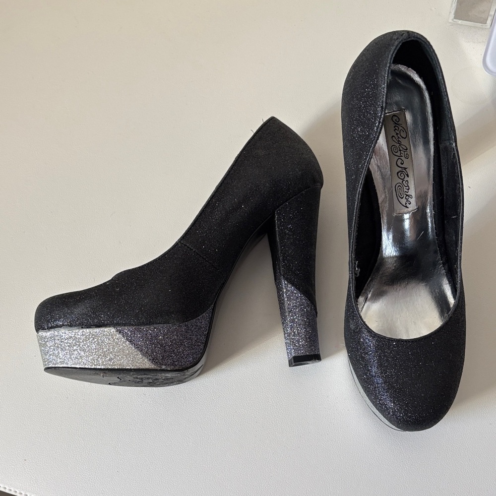 Naughty Monkey Black and Silver Glitter Heels